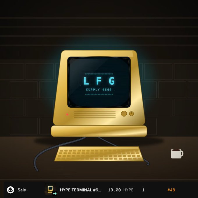 A retro-style NFT marketplace listing titled 'HYPE TERMINAL #6...' priced at 19.00 HYPE with ID #48 features a vintage gold computer displaying 'LFG SUPPLY 6666' on its screen, accompanied by a keyboard and coffee mug.