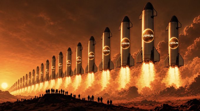 Dramatic sci-fi illustration of numerous 'VENUS'-branded rockets launching in formation at sunset with silhouetted spectators watching from a hill.