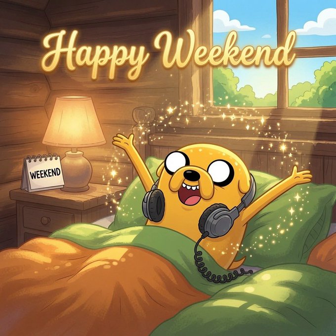 A cartoon illustration of Jake the Dog from Adventure Time wearing headphones and stretching in bed, with 'Happy Weekend' written in glowing cursive and a 'Weekend' calendar on the nightstand.