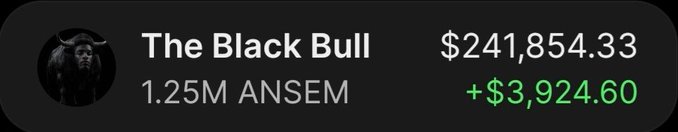 The image displays a trading card for "The Black Bull" wallet showing holdings of 1.25M ANSEM tokens valued at $241,854.33, with a daily gain of +$3,924.60 highlighted in green. This represents the remaining portion of the trader's ANSEM position after selling $250,000 in profits, illustrating how the wallet still holds significant unrealized gains from the original $7,800 investment.