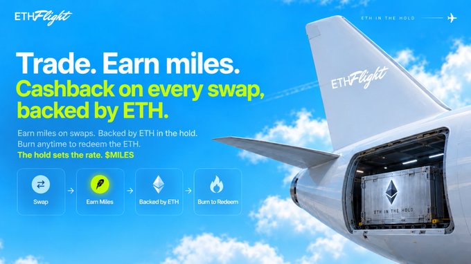 An advertisement for 'ETHFlight' shows a plane in the sky with text 'Trade. Earn miles. / Cashback on every swap, backed by ETH. / Earn miles on swaps. Backed by ETH in the hold. / Burn anytime to redeem the ETH. / The hold sets the rate. $MILES' along with flow icons 'Swap → Earn Miles → Backed by ETH → Burn to Redeem' and 'ETH IN THE HOLD' text.