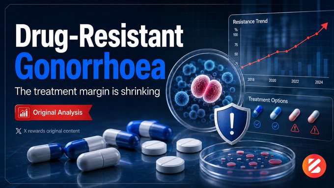 A health information graphic titled 'Drug-Resistant Gonorrhoea' with the subtitle 'The treatment margin is shrinking,' showing a rising resistance trend chart, treatment options, capsules, and a petri dish.