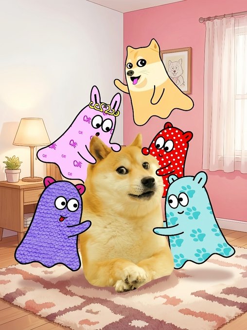 A digital illustration shows a Shiba Inu dog surrounded by several cartoonish ghost-like figures with various designs in a pink-walled bedroom.