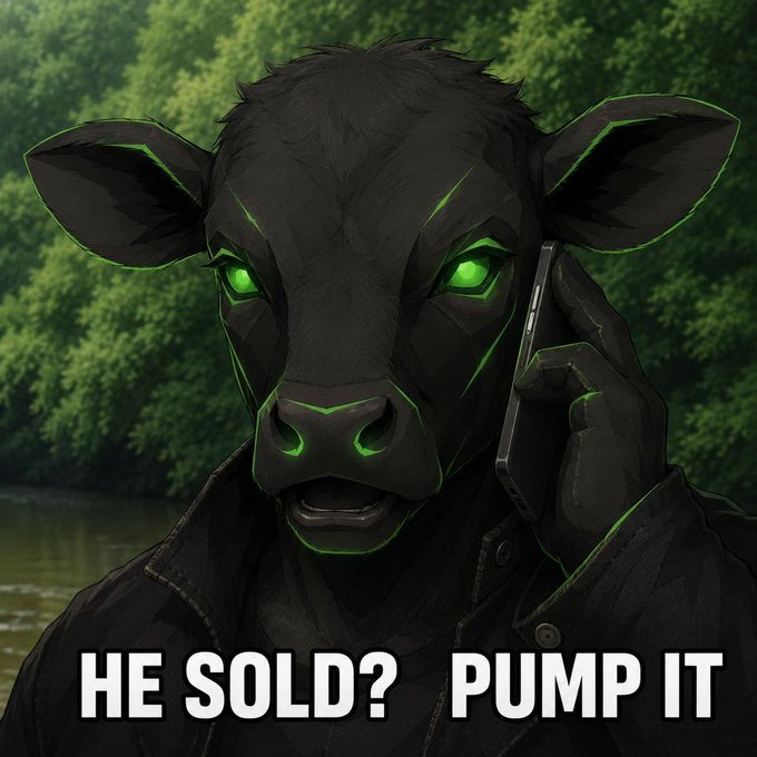 A black anthropomorphic bull character with glowing green eyes and accents holds a phone to his ear, with the text "HE SOLD? PUMP IT" displayed below. The image humorously relates to the post by depicting a crypto influencer or trader frantically reacting to a sell-off, mocking the chaotic and emotional nature of meme coin trading and follower-gated giveaways.