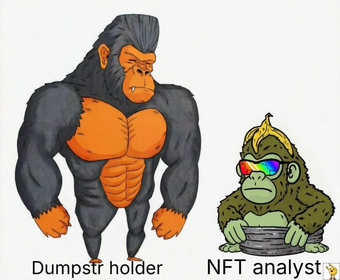 A cartoon shows a muscular gorilla labeled "Dumpstr holder" alongside a smaller green ape wearing rainbow sunglasses in a bucket, labeled "NFT analyst," poking fun at the gap between crypto conviction and clueless commentary, with the post tagging @CyberKongz and @PanelHausApp alongside the hashtags #DUMPSTR and #meme.