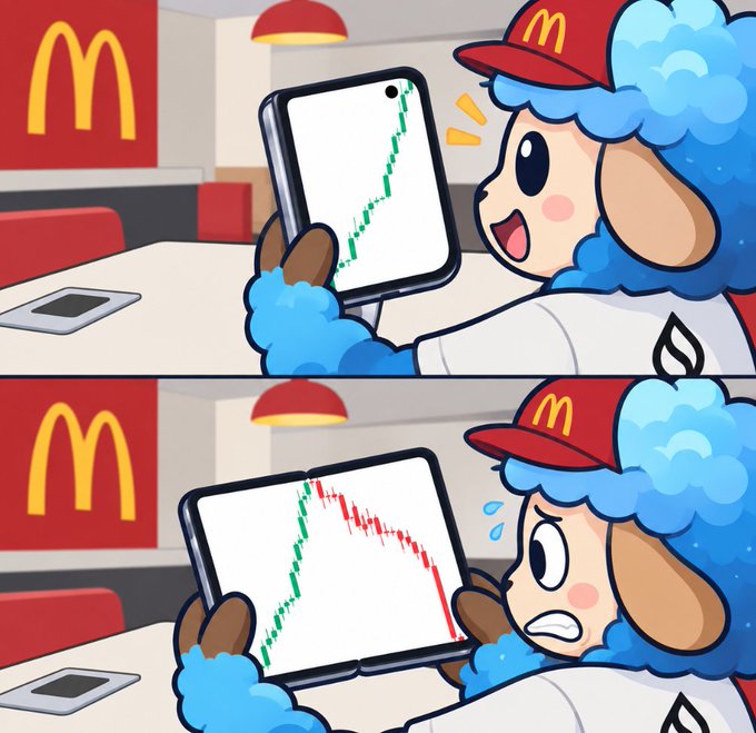A two-panel cartoon meme showing a blue sheep wearing a McDonald's hat happily viewing an upward green stock chart on a phone, then sweating in shock as the chart crashes downward.