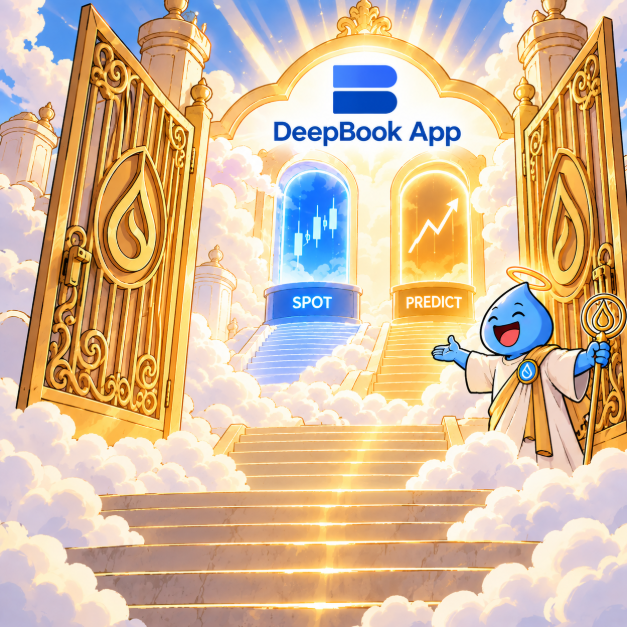 A promotional graphic for 'DeepBook App' showing a heavenly scene with golden gates, a water droplet mascot in robes, and two portals labeled 'SPOT' and 'PREDICT'.