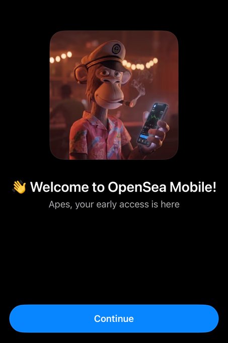 A welcome screen for OpenSea Mobile showing a 3D animated character (Bored Ape style) in a captain's hat smoking a cigar and holding a phone, with 'Welcome to OpenSea Mobile! Apes, your early access is here' and a 'Continue' button.