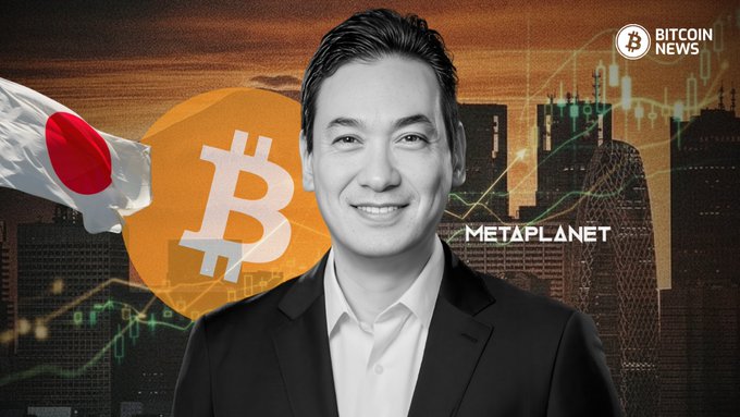 A black-and-white portrait of a smiling man in a suit appears against a stylized backdrop featuring the Japanese flag, a large Bitcoin logo, candlestick charts, the "METAPLANET" logo, and a "BITCOIN NEWS" badge, visually tying the company's leadership to its yen-bond Bitcoin funding strategy.