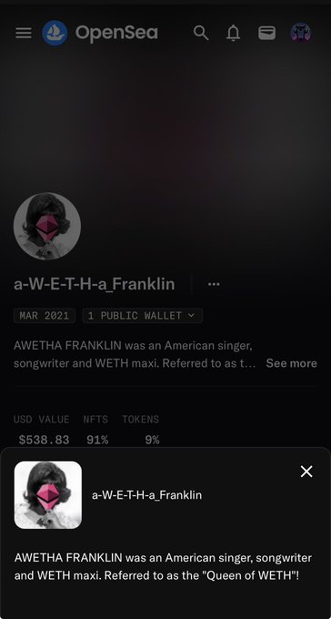 An OpenSea profile page for 'a-W-E-T-H-a_Franklin' displaying a pixel art avatar, joined March 2021, with a USD value of $538.83 (91% NFTs, 9% tokens) and a bio describing her as 'an American singer, songwriter and WETH maxi' known as the 'Queen of WETH'.