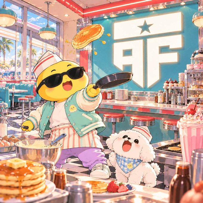 A cheerful cartoon character wearing sunglasses and a chef's hat flips a pancake in a retro diner, joined by an adorable fluffy white dog wearing a chef's hat and a blue bandana.