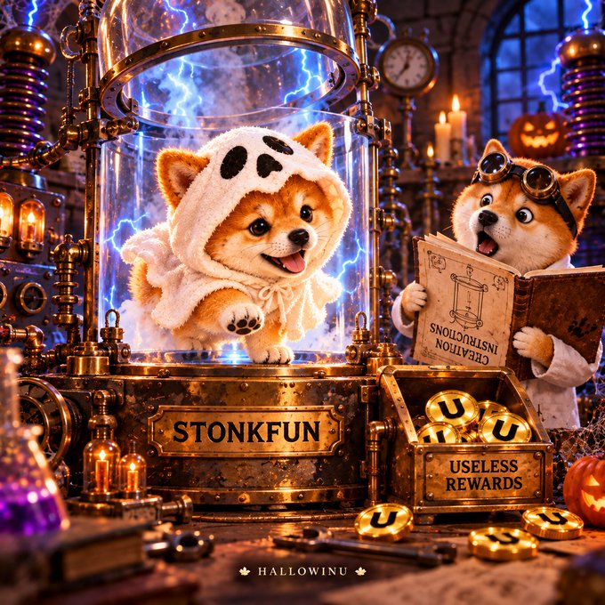 A Halloween-themed digital illustration featuring two Shiba Inu dogs dressed in ghost and scientist costumes inside a steampunk-style machine labeled 'STONKFUN' with a box of 'USELESS REWARDS' tokens marked 'U'.