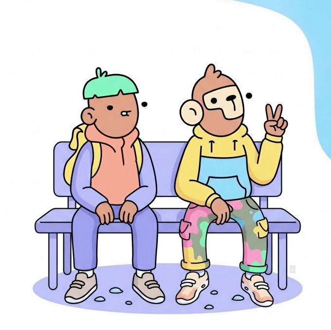 A colorful cartoon illustration depicts two characters sitting on a purple bench; the one on the right wears a yellow hoodie and camouflage pants while flashing a peace sign.