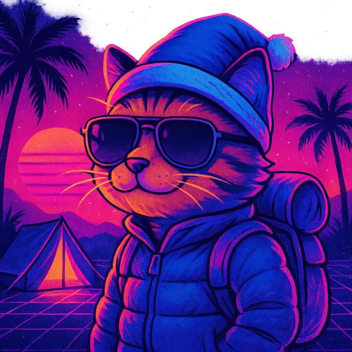 The image features a cartoon cat wearing sunglasses and a winter jacket with a backpack. The cat appears to be standing outside during the afternoon, possibly at a beach or a similar location. The background of the image includes palm trees and a sunset, creating an atmosphere that complements the cat's outfit. The caption "Afternoon chill, fully operational. $CWIF" suggests that it is a cold day with the sun setting in the background, indicating that the weather might be cool but not freezing.