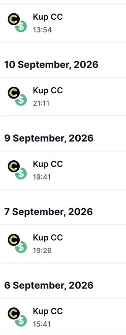 A mobile app transaction history showing entries from "Kup CC" dated 10 September 2026 at 13:54, 9 September 2026 at 21:11 and 19:41, 7 September 2026 at 19:26, and 6 September 2026 at 15:41.