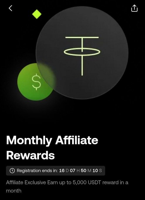 A cryptocurrency app screen advertising 'Monthly Affiliate Rewards' with a countdown timer showing '16 D 07 H 50 M 10 S' remaining for registration, offering up to 5,000 USDT monthly.