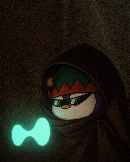 A hooded penguin character wearing sunglasses and a colorful crown holds a glowing cyan "H" symbol, fitting the mysterious, hooded aesthetic often associated with Hyperliquid, the decentralized crypto exchange platform.