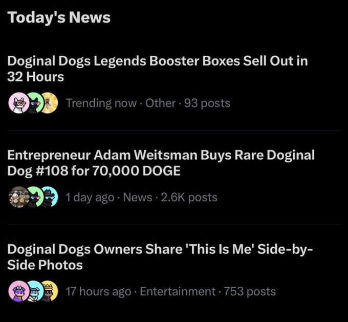 A dark-mode app interface displaying 'Today's News' with headlines about 'Doginal Dogs Legends Booster Boxes Sell Out in 32 Hours', 'Entrepreneur Adam Weitsman Buys Rare Doginal Dog #108 for 70,000 DOGE', and 'Doginal Dogs Owners Share This Is Me Side-by-Side Photos'.