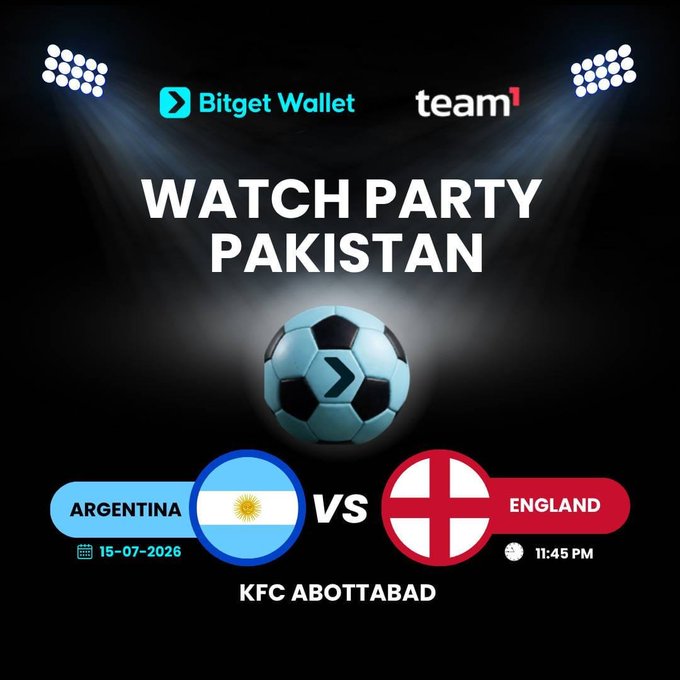 Promotional graphic for a FIFA World Cup 2026 Semi-Final Watch Party in Pakistan, hosted by Team1 and Bitget Wallet, featuring the Argentina vs. England match on 15-07-2026 at 11:45 PM at KFC Abbottabad, with a soccer ball, both team flags, and stadium lights against a dark background.
