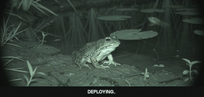 A night vision-style video game screen featuring a frog sitting on a log in a swamp environment, with 'DEPLOYING..' text at the bottom.