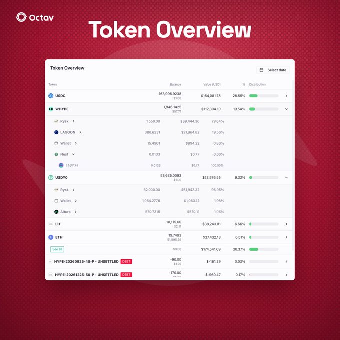 A digital dashboard titled 'Token Overview' by Octav showing cryptocurrency balances, including USDC, WHYPE, USDT0, LIT, and ETH, with their USD values and distribution percentages.