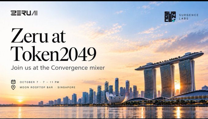 Event invitation graphic for 'Zeru at Token2049' hosted by Zeru AI and Surgence Labs at the Moon Rooftop Bar in Singapore on October 7, 7–11 PM, featuring a scenic sunset view of the Singapore skyline and Marina Bay Sands.
