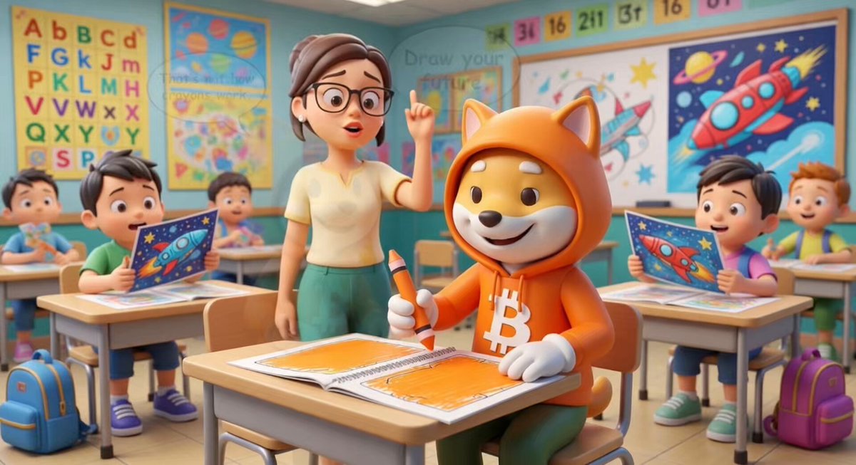 The image features a cartoon scene of a teacher, a boy wearing an orange hoodie, and a dog sitting at a desk surrounded by school supplies such as books and pencils. The caption for the image reads "Day 289 @coinbase The future doesn' start with permission. It starts with imagination - $DOG (Bitcoin)". This suggests that the cartoon is related to Bitcoin or cryptocurrency in some way, possibly emphasizing the importance of imagination and creativity when it comes to understanding and exploring new ideas and concepts.