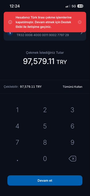 Screenshot of the BTCTurk withdrawal screen showing an available balance of 97,579.11 TRY, with a red warning message at the top stating that Turkish Lira withdrawal transactions have been paused and advising users to contact the support team. The user is attempting to withdraw their funds from the crypto exchange amid complaints about frozen accounts.