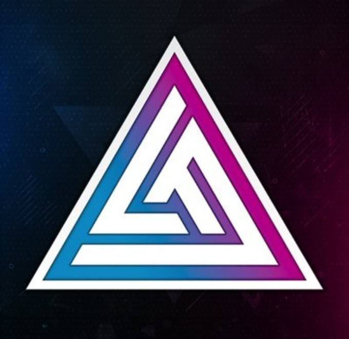 The image displays an impossible Penrose-style triangle logo with a blue-to-pink gradient on a dark background, representing the CyberThrone project's branding. This geometric design visually echoes the "bigger picture" mentioned in the post, symbolizing the interconnected layers of value—from the 8,888 NFT robots to IP rights, digital books, CyberCortex, and broader holder-focused utilities being built around the collection.