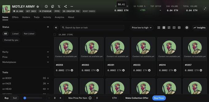 The image shows the OpenSea page for the "Motley Army" NFT collection, displaying 10,000 items with a mint price of $0.41 (0.0002 ETH) on the Ethereum blockchain, and a 5% creator fee. The collection features pixel-art portrait NFTs, with the floor price showing a +70% increase, supporting the post about sweeping the freshly minted-out collection as a degen play.