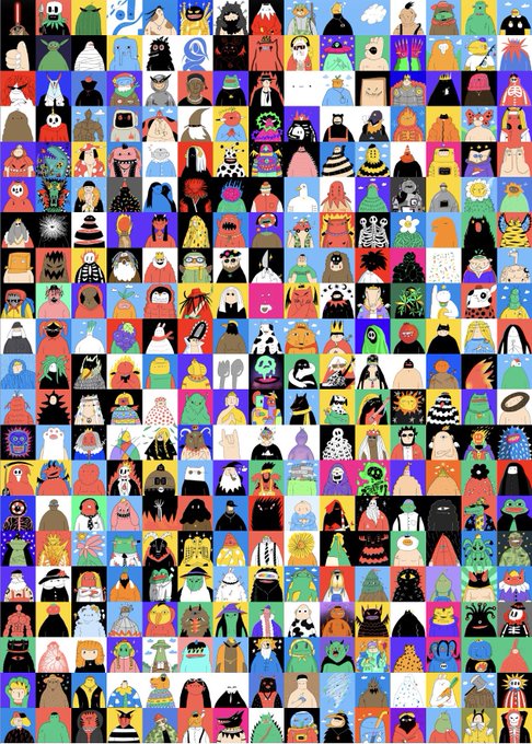 A vibrant, densely packed grid collage containing hundreds of small, colorful, cartoon-style monster and character illustrations on various backgrounds.