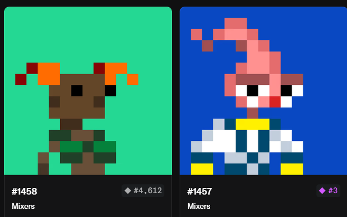 Two pixel art NFT characters are shown side by side: #1458 'Mixers' depicting a brown-skinned figure with orange hair on a green background, and #457 'Mixers' showing a character with a pink wizard hat on a blue background.