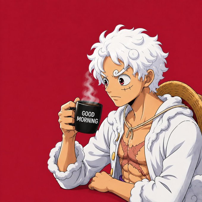 An anime character with wild white hair and a scar over one eye holds a steaming black mug labeled 'GOOD MORNING' against a red background.