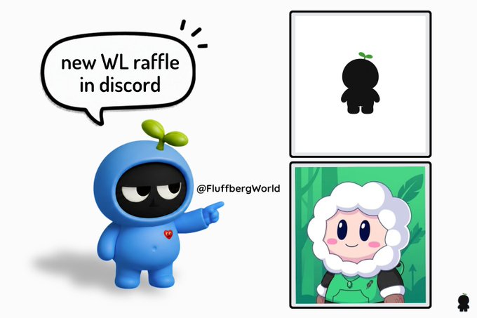 A blue cartoon character with a speech bubble reading 'new WL raffle in discord' points toward a black silhouette figure and a character with a white fluffy head.