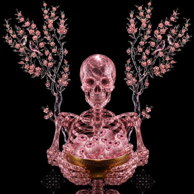 A translucent pink crystalline skeleton holds a bowl of grapes, flanked by two flowering branches against a black background.