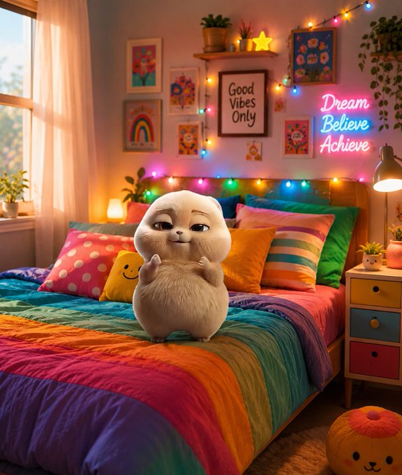 A small fluffy white creature sits on a rainbow-striped bed in a colorful bedroom decorated with string lights, neon signs reading 'Good Vibes Only' and 'Dream Believe Achieve', and various wall art.