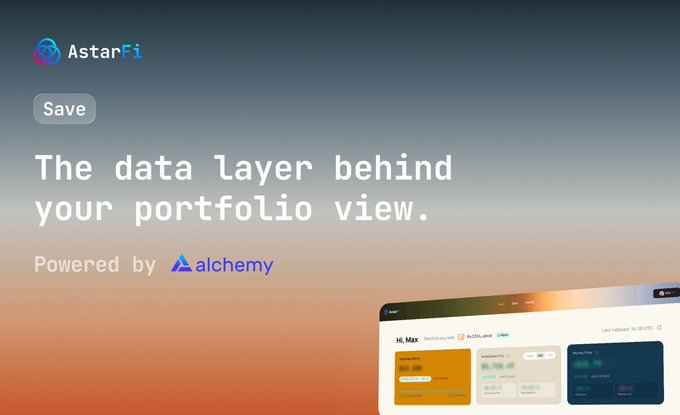 A promotional graphic for AstarFi, a portfolio tool 'Powered by alchemy', with tagline 'The data layer behind your portfolio view.'
