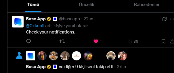 A Twitter screenshot shows Base App (@baseapp) replying to user @0xkopil with "Check your notifications," gaining 1 like and 86 views, while also being followed by Base App and 9 others. This relates to the accompanying post celebrating a new follow from Base App and the growth of 394 investors joining BaseApp through their referral.