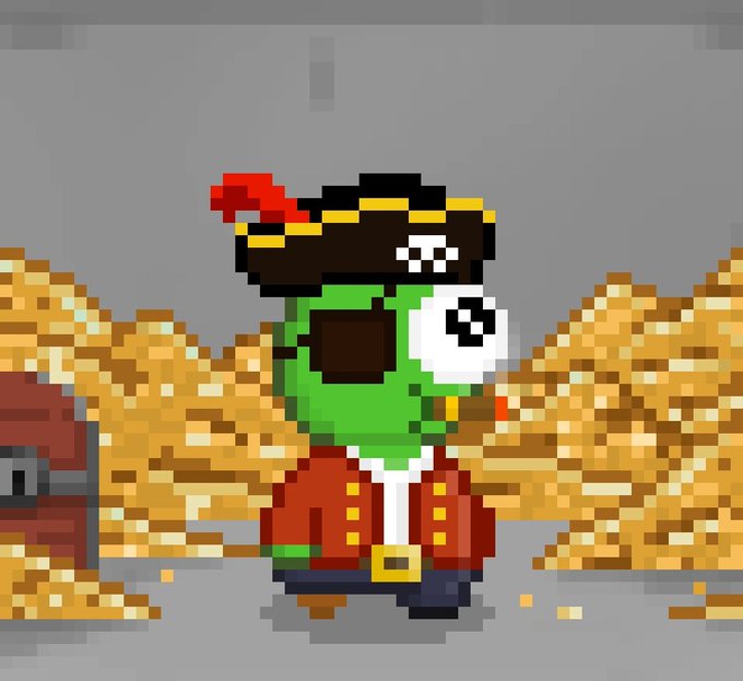 The image features a green, pirate-like creature with a red hat and a gold band around its neck. The creature has a pair of eyes and appears to be walking towards a chest filled with gold coins. There are also two other chests visible in the background, one on each side of the creature. The post includes text that reads "2x @baoliart & 8x @PhrogsETH added to frens vault".