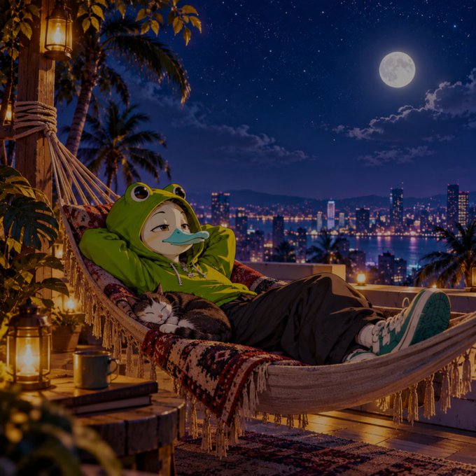 Digital illustration of a person in a frog hoodie relaxing in a hammock at night with a cat, overlooking a glowing city skyline under a full moon.