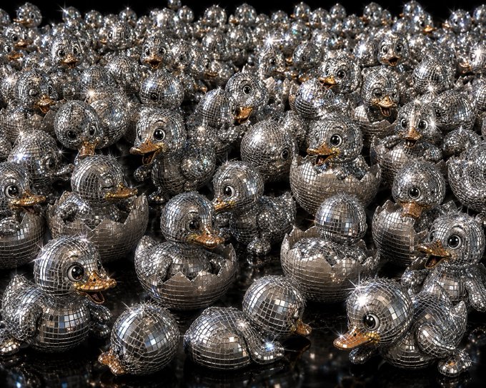 A large collection of mirrored disco ball ducks with golden bills, sparkling and arranged closely together.