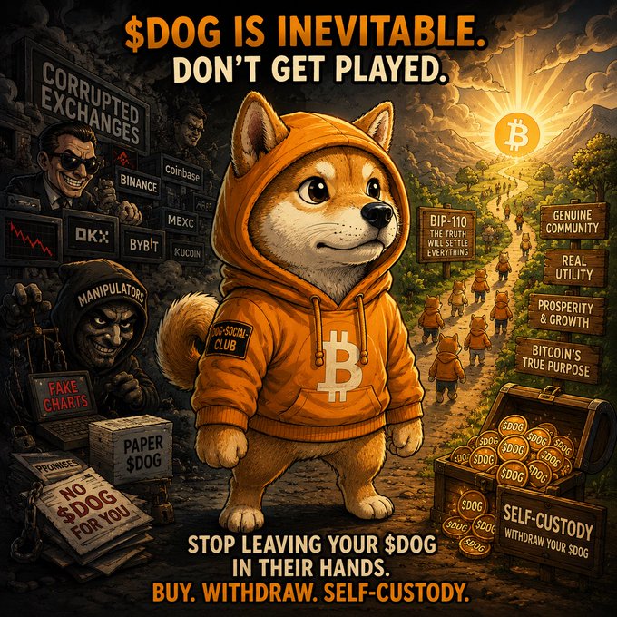 A stylized Shiba Inu dog wearing an orange hoodie with a Bitcoin logo warns '$DOG IS INEVITABLE. DON'T GET PLAYED,' urging self-custody against corrupt exchanges like Binance, Coinbase, OKX, Bybit, and KuCoin.