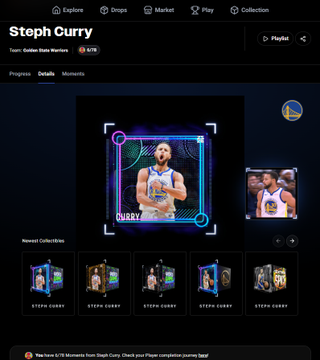 A digital collectibles interface showing a 'Steph Curry' moment collection with the tagline 'Golden State Warriors,' featuring 5/79 progress and displaying various Steph Curry card designs.