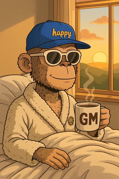 A cartoon illustration of a monkey wearing a blue 'happy' cap and sunglasses, dressed in a white bathrobe, holding a mug labeled 'GM' while sitting by a window at sunset.