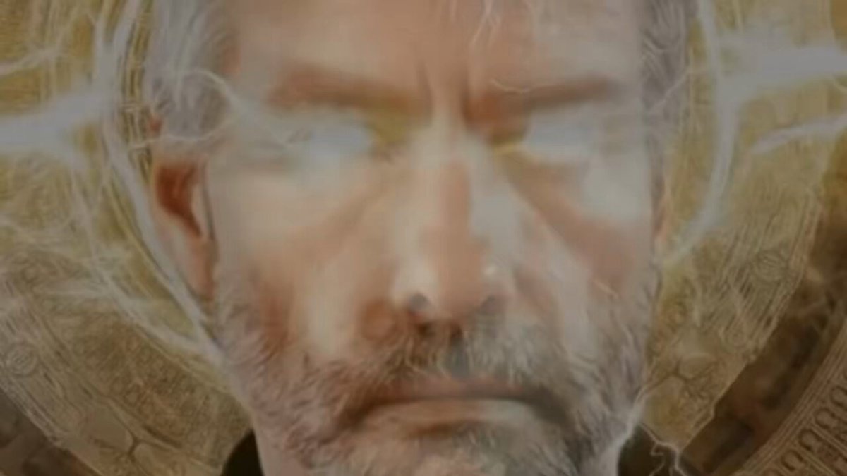 The image features an older man with white hair wearing glasses, looking directly at the camera. The background includes a gold circle with a black border, which appears to be a clock or calendar. There are also some words written below the image that read "Hot take: when Saylor (Strategy) sells some bitcoin, it will mark the start of a parabolic bull run." This text is located at the bottom right corner of the image and seems to be related to the man's appearance in the photo.