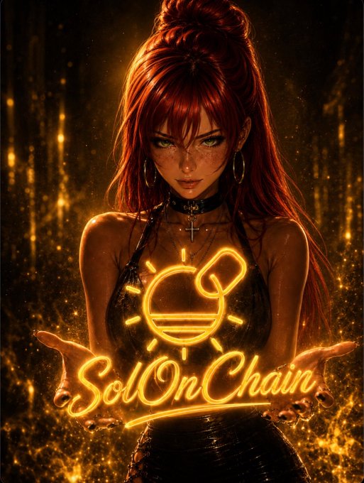 Digital artwork depicts a red-haired anime-style woman with the neon text 'Sol On Chain' and a pill-shaped logo glowing on her chest.