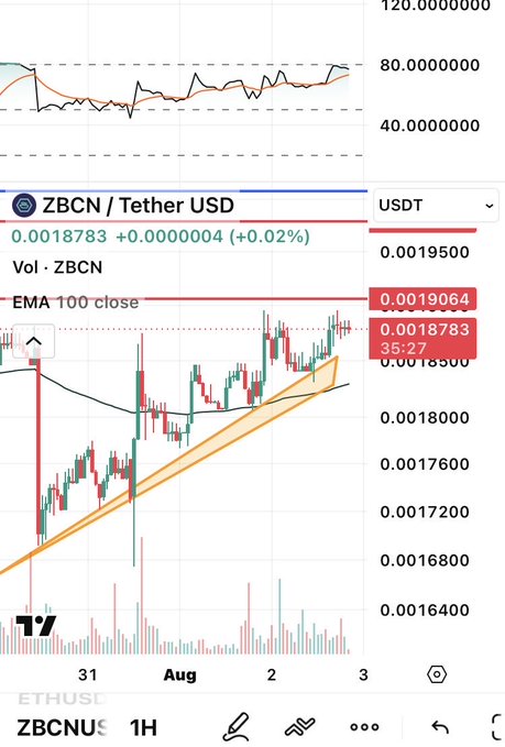 A trading chart screenshot showing ZBCN/Tether USD (ZBCNUSDT) on a 1H timeframe with price at 0.0018783 (+0.02%), featuring candlestick patterns, an EMA 100 close indicator, and volume bars.