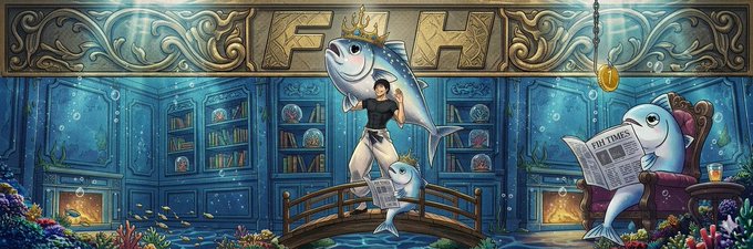The image features a cartoon fish holding a newspaper, with a man standing next to him. The scene takes place in an underwater setting, where there are bookshelves filled with various items such as newspapers and magazines. A person can be seen sitting on a chair nearby. The overall atmosphere of the image is whimsical and imaginative, with elements that could represent a fish market or a unique underwater world.