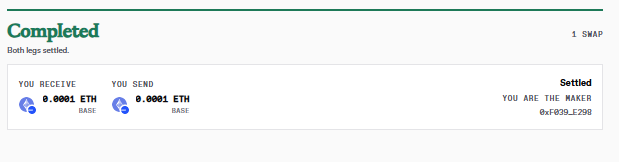 A digital 'Completed' swap confirmation screen indicating both legs of a transaction are settled, showing 0.0001 ETH being swapped between Base and another network on Uniswap.
