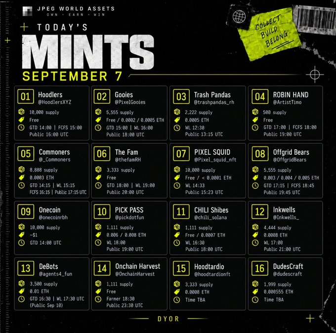 A JPEG World Assets promotional graphic listing 'TODAY'S MINTS SEPTEMBER 7' with 16 NFT drops including Hoodlers, Goonies, Trash Pandas, ROBIN HAND, Commoners, The Fam, PIXEL SQUID, Offgrid Bears, Onecoin, PICK PASS, CHILI Shibes, Inkwells, DeBots, Onchain Harvest, Hoodtardio, and DudesCraft, showing supply counts and pricing in ETH.